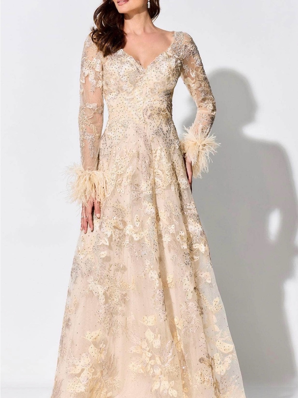 Embellished Long Sleeve Champagne Evening Gown